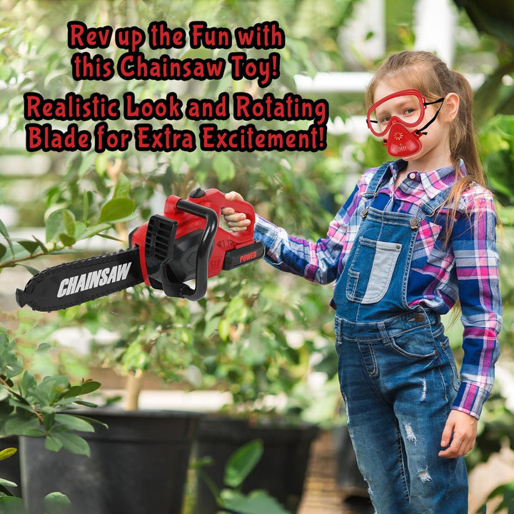 Kids Leaf Blower, Toy Chainsaw, and Lawn Mower Set | Realistic Toddler Landscaping Power Tools with Sound and Action| Includes Safety Goggles Mask and Earmuffs
