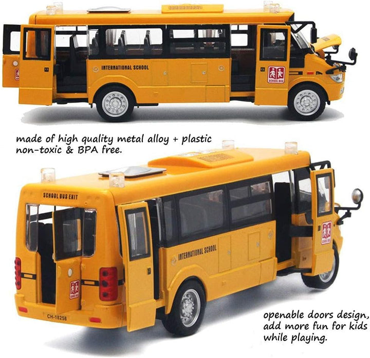 School Bus Toy Die Cast Vehicles Yellow Large Alloy Pull Back 9'' Play Bus with Sounds and Lights for Kids