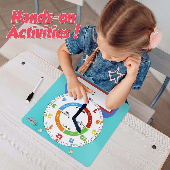 Magnetic Writable Dry Erase Learning Clock | Clock for Kids Learning to Tell Time | Large 12" Demonstration Teaching Time Practice Clock with Dry Erase Writing Surface | Pen Included | (Light Blue)