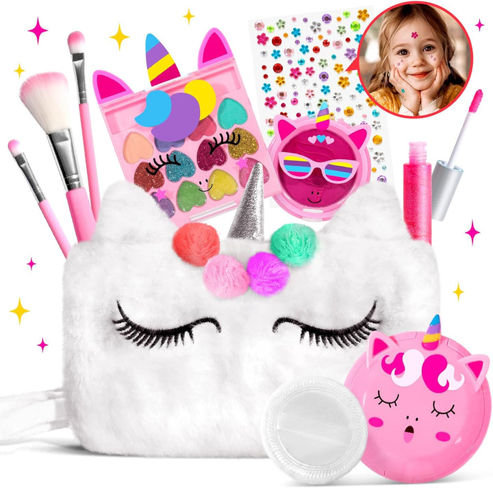 Kids Real Makeup Kit for Girls with Fluffy Purse - Real, Non Toxic, Washable Make up Toy - Umicorn Toys Gift for 3 4 5 6 7 8 Years Old Girls Birthday (Pink Umicorn)