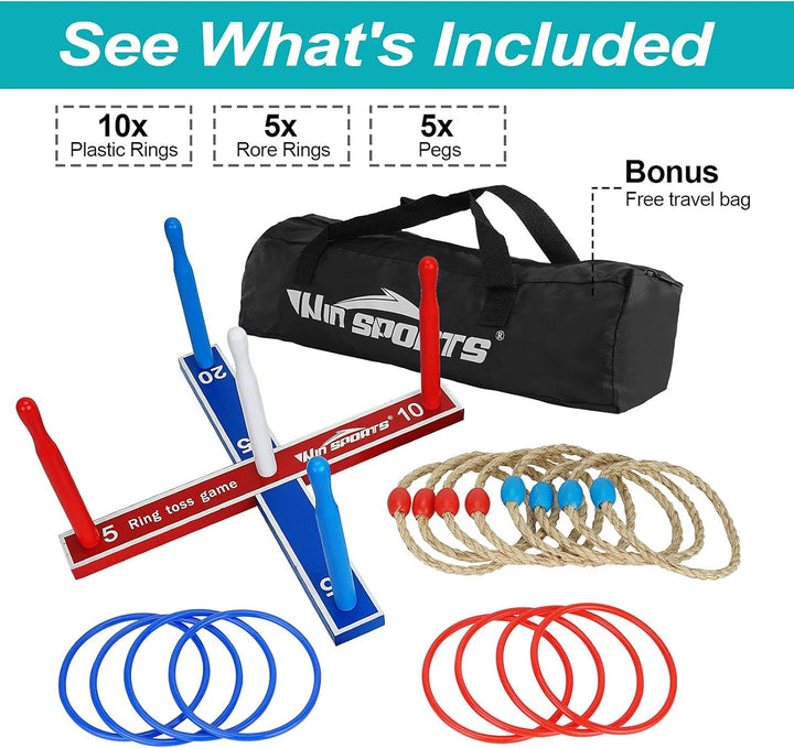 Premium Wooden Ring Toss Game Set -  Throwing Game Indoor Outdoor Games for Kids & Adults,Includes Wood Base,Fun Family or Friends Game