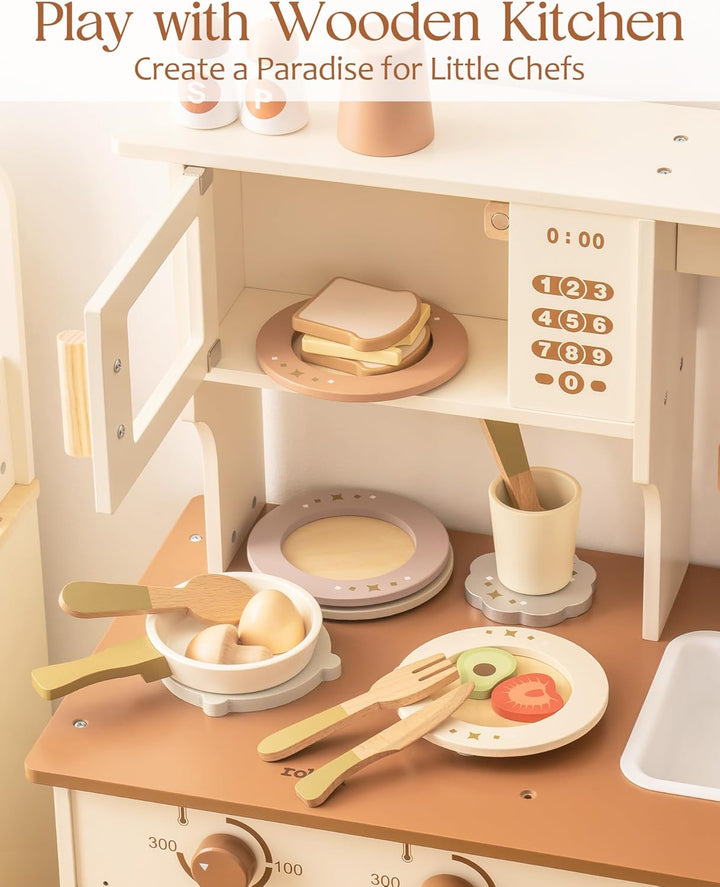 4-Set Wooden Play Dishes Set - Montessori-Inspired Play Food Accessories for Kids, Pretend Play Kitchen Set for Toddlers, Role Play Gift for Boys and Girls