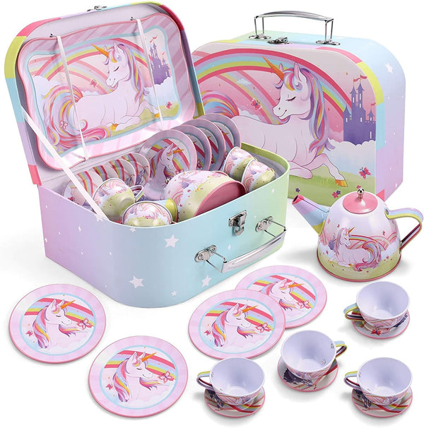 Unicorn Tea Set for Toddlers Tea Party Set for Children Kids Pretend Role Play Tin Teapot Set with Cups, Plates and Carrying Case Kitchen Toy for Little Girls Birthday Gifts Age 3 4 5 6