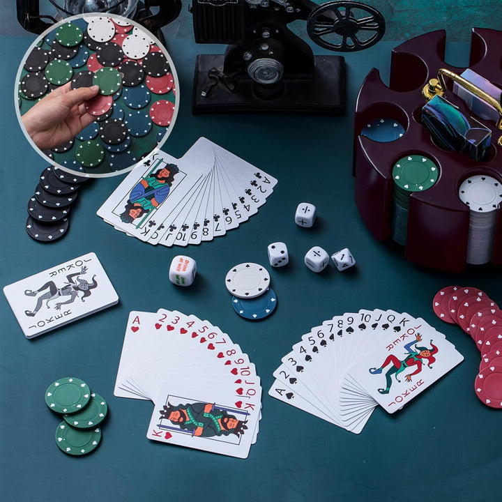 Poker Chips Poker Set, 200 Count Rotating Chip Case Wood Carousel Case Holder with 200 Pcs Chips and 2 Decks of Playing Cards for Casino Party Supplies Family Game Accessory