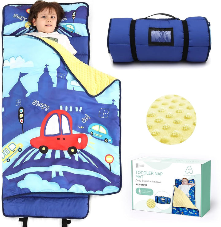 Toddler Nap Mat with Pillow and Blanket, Extra Large Rolled Napping Mats,Slumber Bags for Boys Girls,Kids Sleeping Bag for Daycare, Preschool Travel Camping, Dinosaur