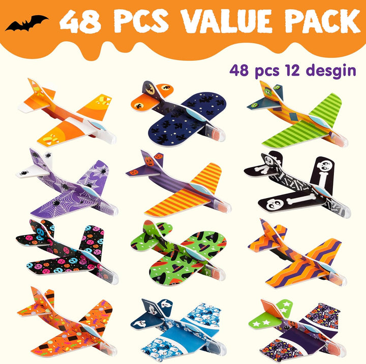 48 PCS Halloween Foam Glider Planes for Kids, Flying Paper Airplane Gliders Toys Bulk for Halloween Party Gifts Presents,12 Different Airplane Designs,Trick or Treats, Party Favor and Supplies