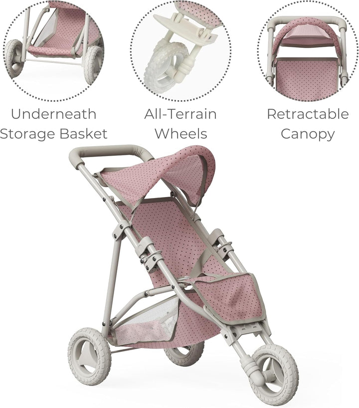 Doll Jogging-Style Stroller with Canopy, Storage Underneath, Pink and Cream and Gray