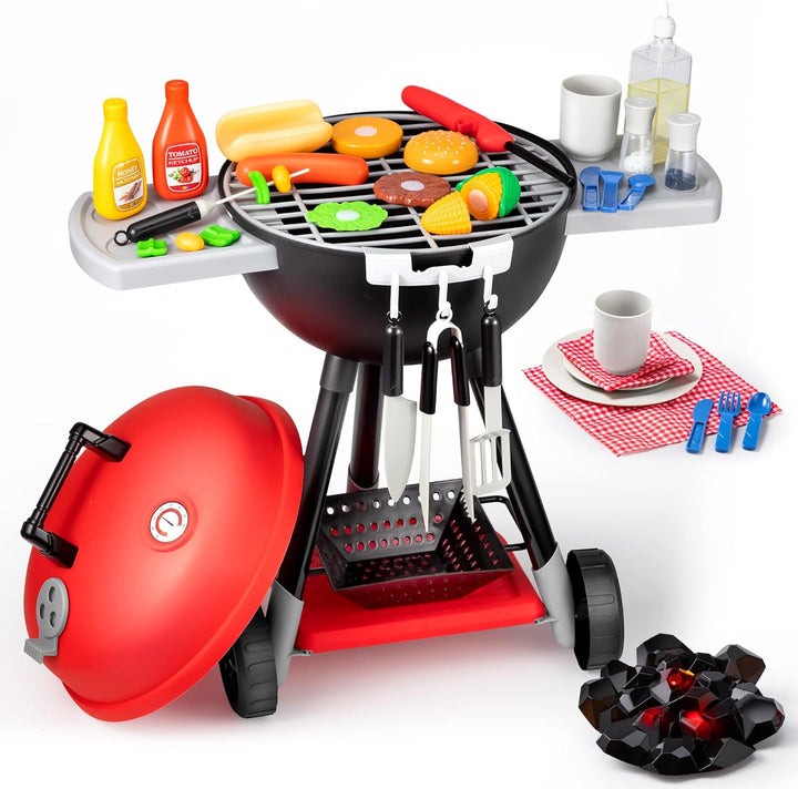 34 PCS Kitchen Toy Set, BBQ Play Grill, Cooking Toy Set, Little Chef Play, Kids Grill Playset Interactive BBQ for Kids with Light & Sound, Birthday Gift for Boys Girls