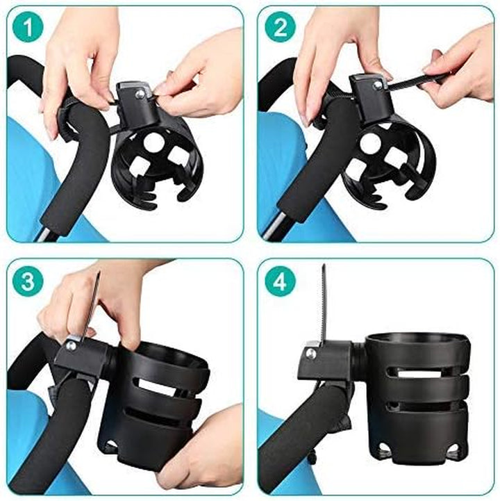 Stroller Cup Holder with Adjustable Strap, 360 Degree Rotatable Universal Cup Holder for Uppababy, Nuna, Doona Stroller, Drinks Holder for Wheelchair, Walker, Rollator