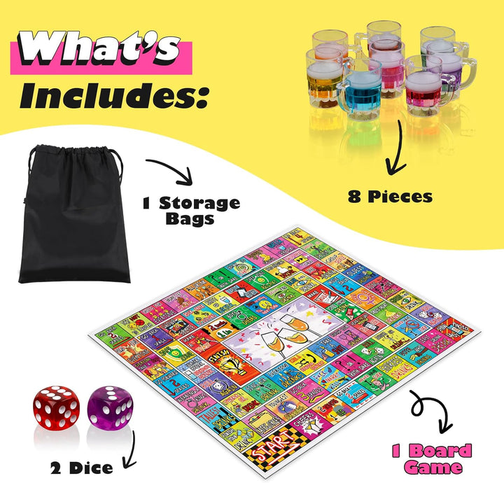Drinking Board Game for Adults with Non-Slip Rubber Mat, Interactive Drinking Party Games for Game Night, Bachelorette, Girls Night, Birthday, Couples, Family Game Night, 2-8 Players Age 21+