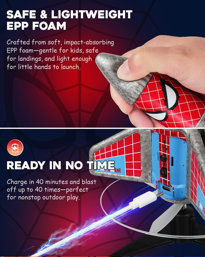 Rocket Launcher for Kids – 2Nd Gen Upgraded Design, Electric Auto Launch, 200Ft Flight with Safe Parachute, Outdoor Rocket Toy for Boys & Girls, Birthday Gift for Ages 6-13, Spider Pattern
