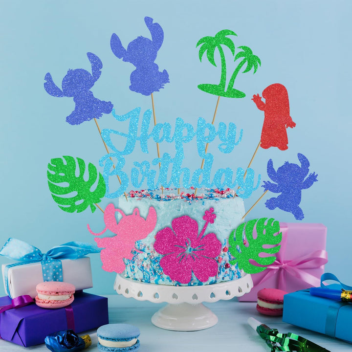 10Pcs Glitter Cartoon Birthday Decorations Cake Toppers, Cute Cartoon Birthday Party Cake Decorations for Boys Girls Birthday Party Baby Shower Party