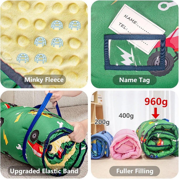 Toddler Nap Mat Extra Large Thickened 55''X35'', Soft Sleeping Bag with Detachable Minky Blanket and Pillow, Portable for Daycare, Preschool, Kindergarten, Travel, Boys and Girls