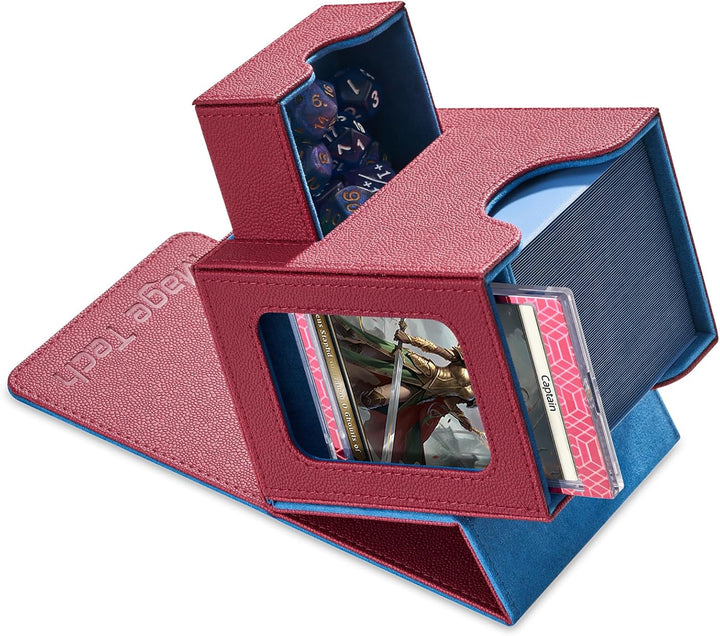 Card Deck Box for MTG Commander - Patented Design, Commander Display, Fits 100 Double-Sleeved Cards, 35Pt Card Brick & Dice Tray - Black/Red