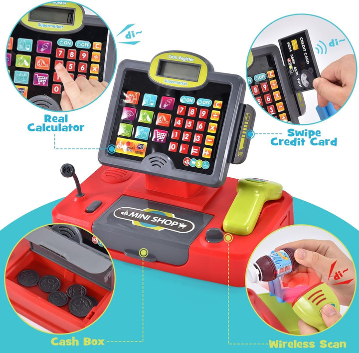 Kids Cash Register Toy Pretend Play with Real Calculator Sound Scanner/Shopping Cart/Food/Play Money, Learning Counter Grocery Store Playset Toys Gift for Kid Boy Girl Age 3 4 5 6 7 8 Years Old