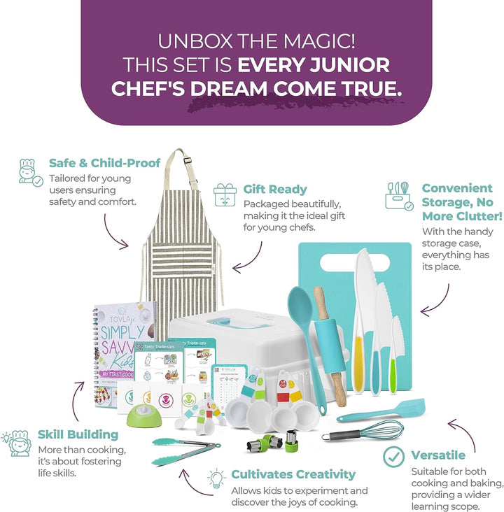 Jr. Kids Real Cooking and Baking Gift Set with Cookbook and Storage Case- Montessori Complete Cooking Supplies for the Junior Chef - Set for Girls & Boys - Utensils and Kid Safe Knives.