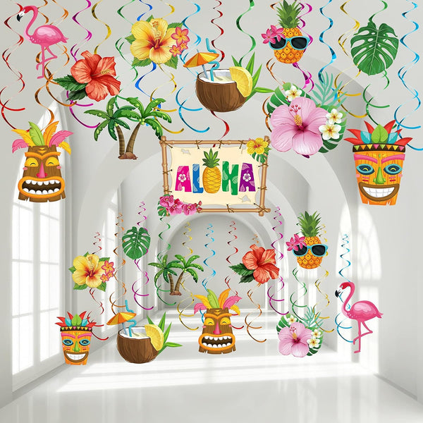 30 Pieces Hawaiian Luau Birthday Party Hanging Swirl Decorations, Flower Tropical Palm Flamingo Sign Foil Ceiling Decor for Floral Tropical Party Summer Beach Pool Tiki Supplies(Summer)
