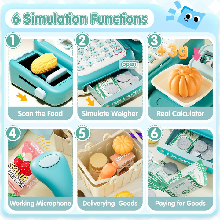 49PCS Pretend Play Cash Register Toy Set for Kids with Real Calculator,Scanner,Microphone,Conveyor Belt,Weighing Tool,Cashier Playset Realistic Gift for Toddler Kid Ages 3 4 5 6 7 8 (Green)