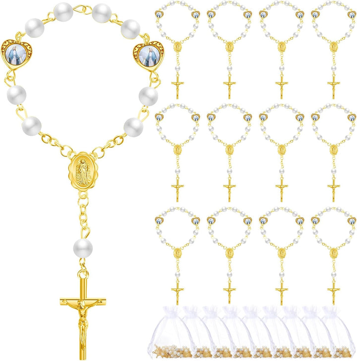 30 Sets Baptism Mini Rosary with Organza Bags Faux Pearls Baptism Rosary Favors for Guests Catholic Finger for Christening Weddings Party Favors First Communion Gift(Silvery)