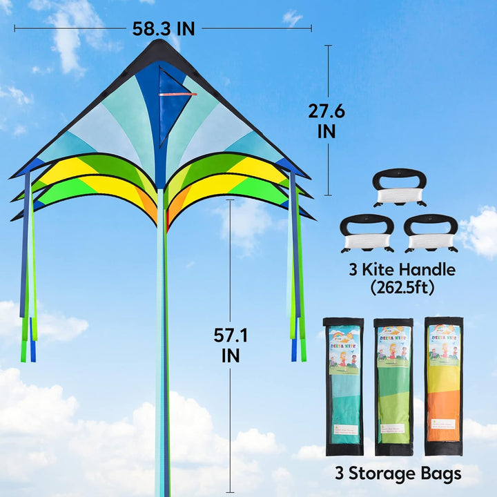 3 Packs Large Delta Kite Green, Blue and Rainbow, Easy to Fly for Kids with 262.5 Ft String, Large Delta Beach Kite for Outdoor Games and Activities