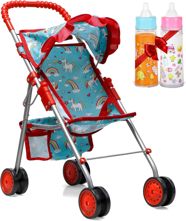 ® - Doll Stroller My First Baby Doll Strollers Toy - Flower Design with Basket in the Bottom- Doll Accessories 2 Free Magic Bottles Included (Flower Design)