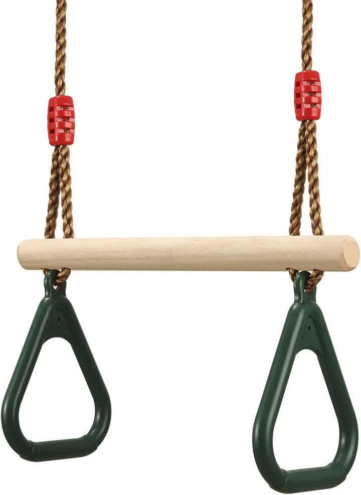 Playground Children'S Wooden Trapeze Swing Bar with Plastic Gym Rings Swing Set for Indoor & Outdoor Fun