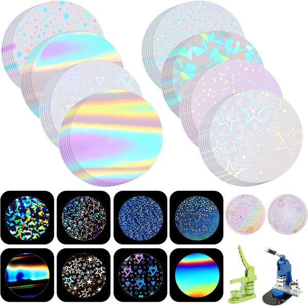200 Pcs Badge Protective Film 70Mm (2.76 In), 8 Styles of Holographic Glitter, Badge Film for 2.25 Inch 58Mm Button Maker Machine, 58Mm Button Making Supplies