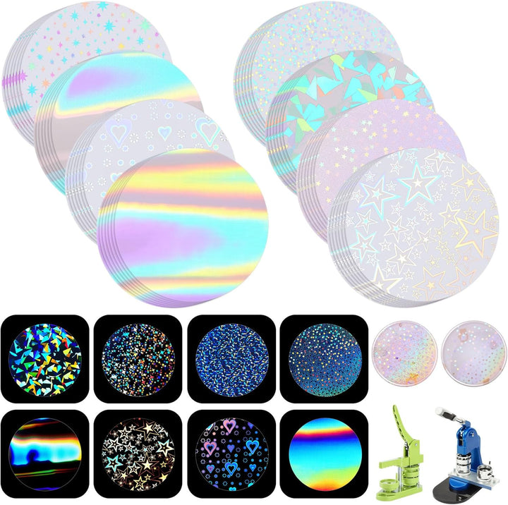 200 Pcs Badge Protective Film 70Mm (2.76 In), 8 Styles of Holographic Glitter, Badge Film for 2.25 Inch 58Mm Button Maker Machine, 58Mm Button Making Supplies