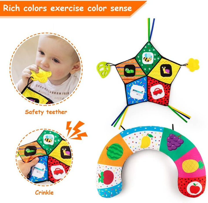 Tummy Time Pillow with Crinkle Mat & Teethers, Black and White High Contrast Baby Toys with Mirror, Montessori Sensory Crawling Toy for Infant Newborn Toddler Tummy Time Toys 0-6 Months Babies