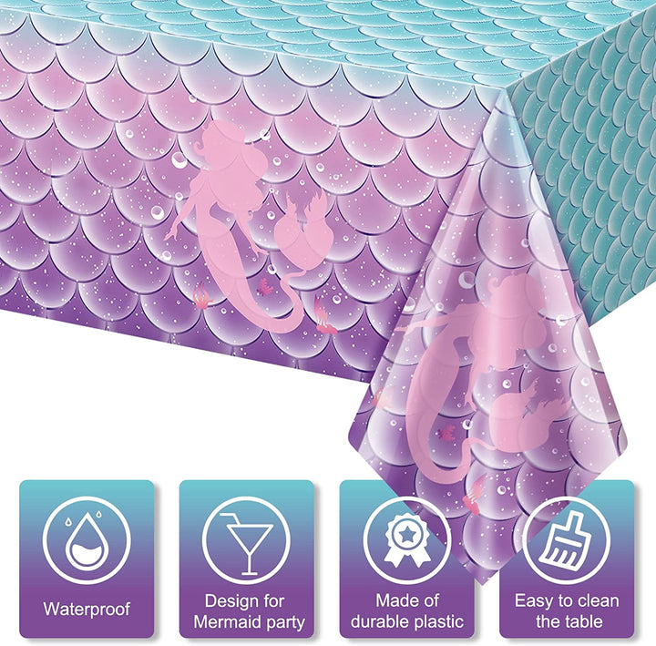 3Pcs Mermaid Birthday Party Tablecloth Decorations,Disposable Plastic Table Cover for Princess under the Sea Baby Shower Themed Kids Birthday Party Supplies,108X54 Inch