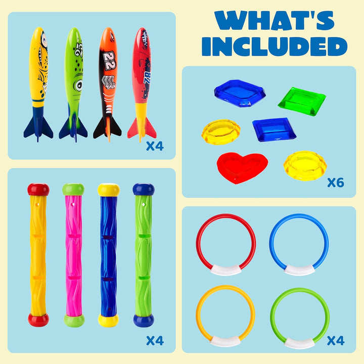 18Pcs Diving Pool Toys for Kids, Swimming Pool Toy with Storage Bag Includes 4 Pool Rings, 4 Diving Sticks, 4 Bandits, 6 Treasures Underwater Swim Pool Games for Ages 8-12