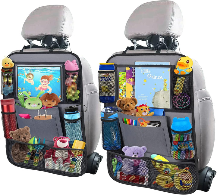 Car Backseat Organizer with 10" Table Holder, 9 Storage Pockets Seat Back Protectors Kick Mats for Kids Toddlers, Travel Accessories, 2 Pack