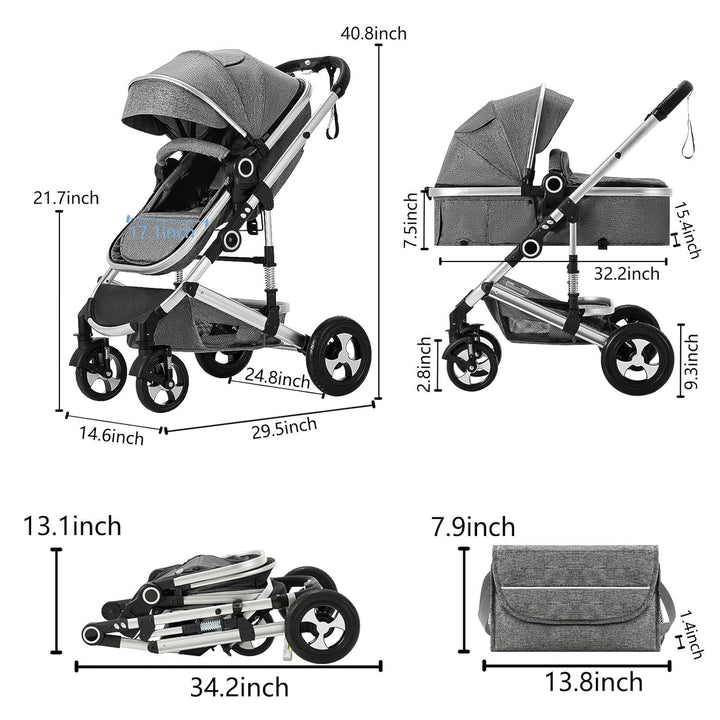 2 in 1 Convertible Baby Stroller, Folding High Landscape Infant Carriage, Newborn Reversible Pram, Diaper Bag, Anti-Shock Toddler Pushchair Stroller, Dark Grey