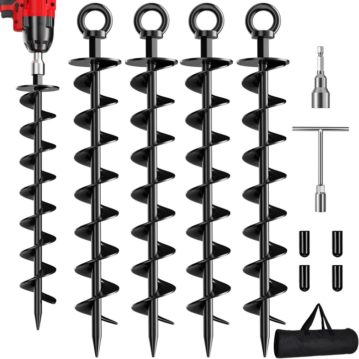 Ground Anchor Screw In, 4 Pack Spiral Trampoline Anchors with Nut and Tool Swing Set Anchors Tent Stakes High Wind Heavy Duty for Sheds, Carports, Mobile Home Orange