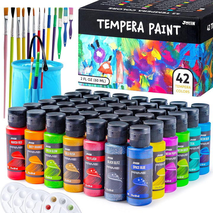 Washable Tempera Paint Set for Kids 42PCS, Non Toxic Liquid Paint with 15 Brushes and 4 Palettes - Art Supply for Kids for Arts and Crafts Project, Finger Painting (2 Oz Each)