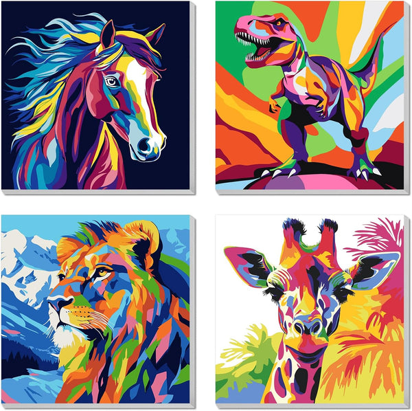 4 Pack Paint by Numbers Kit for Kids, Horse Color by Number Painting Kits for Kids Ages 8-12 Dinosaur Paint by Numbers with Framed Canvas Children DIY Paints by Number Kits for Beginners 8X8 Inch