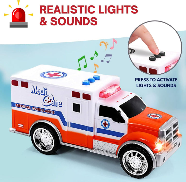 3-In-1 True Hero Emergency Rescue Vehicles Kids Toy Cars Playset - Ambulance, Fire Truck and Police Car with 3-Button LED Light and Sound Effects
