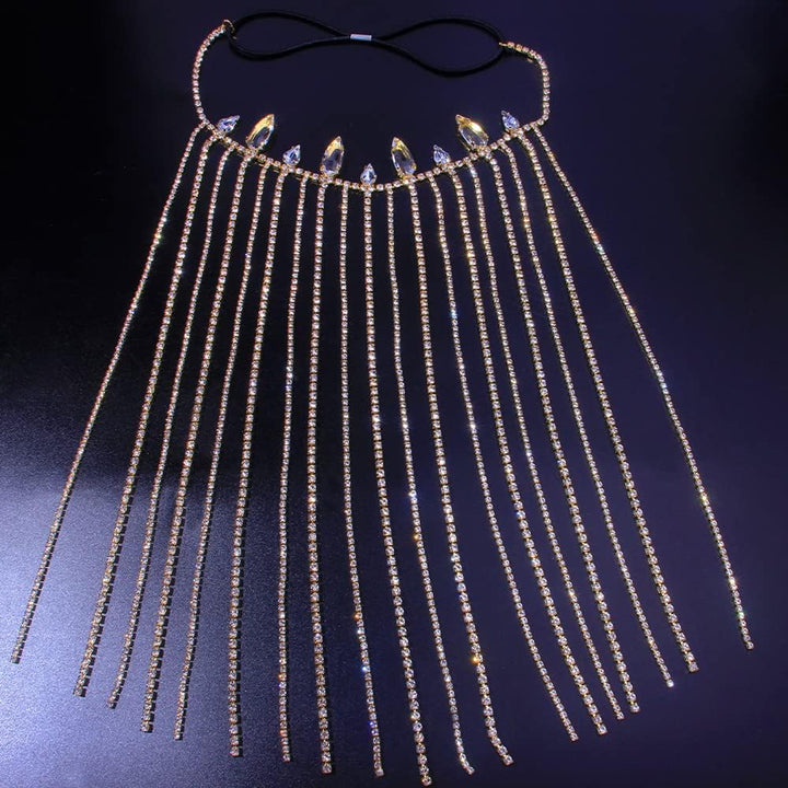 Zircon Rhinestone Long Tassel Hair Chain Wedding Bling Elastic Head Chain Jewelry Bride Accessories for Women(Gold-Color)