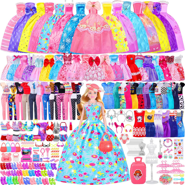 135 Pcs Doll Clothes and Accessories with Doll, Princess Gowns, Fashion Dresses, Slip Dresses, Top, Pants, Jumpsuit, Swimsuits, Shoes, Hangers, Doll Dress up Toys for Girls Kids Toddlers Toy Gifts