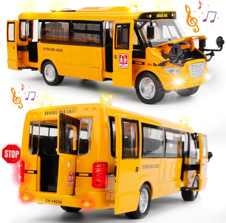 School Bus Toy Die Cast Vehicles Yellow Large Alloy Pull Back 9'' Play Bus with Sounds and Lights for Kids