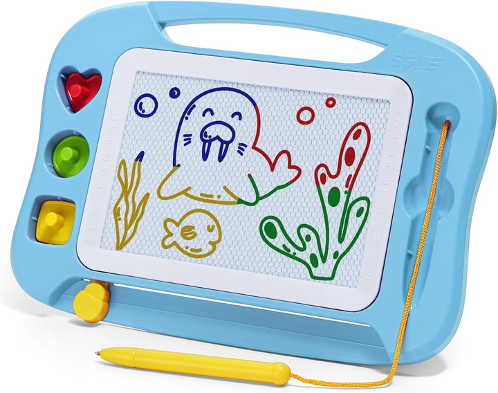 Large Magnetic Drawing Board - 4 Colors 16×13In Writing Painting Doodle Pad with 4 Stamps for Toddlers, Learning Educational Toy Etch Sketch Gift for 36+ Month Kids Girls Boys, Blue