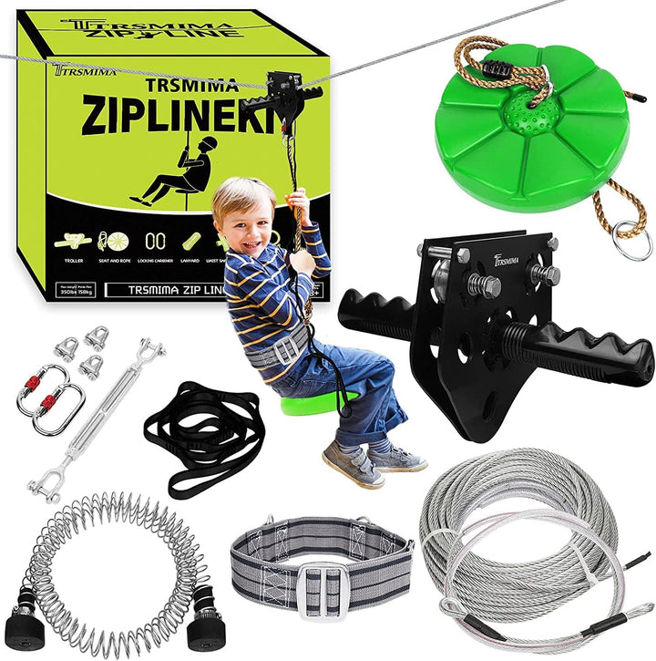 100 Ft /120 Ft /150 Ft/180Ft Zip Line Kit for Kids and Adult up to 380 Lb - Updated Removable Design Trolley and Thickened Seat, Rust Proof W/Safety Harness - Zipline Kits for Backyard