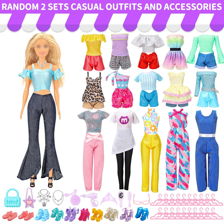 52 Pcs Doll Clothes and Accessories,2 Wedding Gowns 6 Fashion Dresses 2 Set Casual Outfits Top and Pant 2 Swimsuit,20 Hanger 10 Shoe 10 Accessories Toys for Girls Kids Birthday Gift