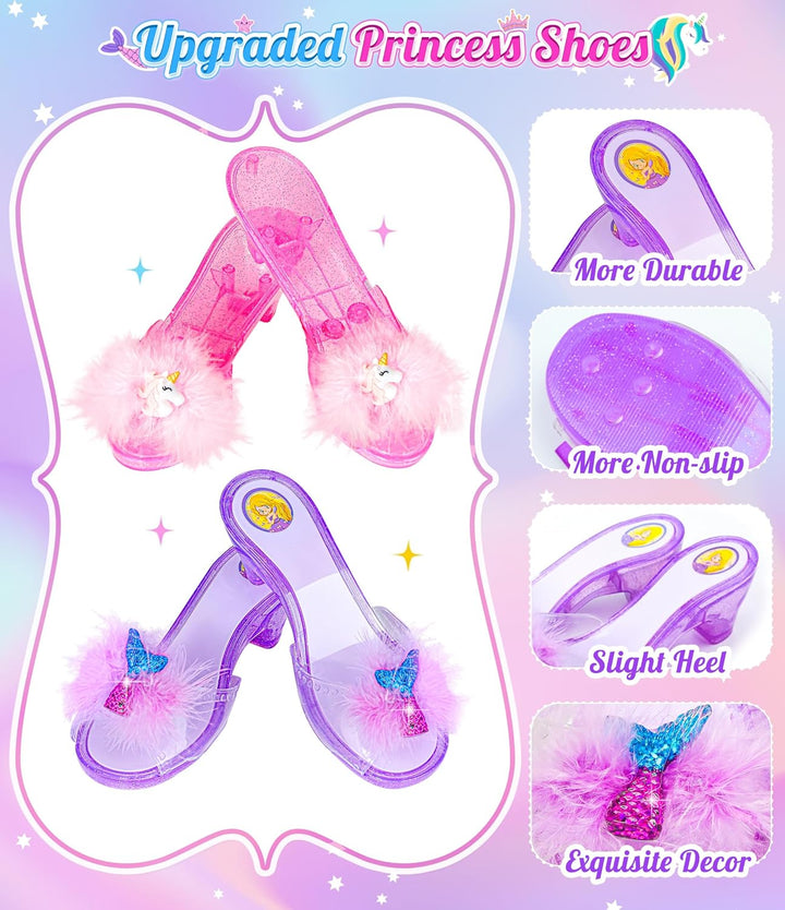 Princess Dress up Shoes Set, Girls Dress up Toys, Jewelry Boutique Crown Necklace Earrings Rings Bracelet, Princess Dresses Role Pretend Play Gifts Princess Toys for Girls Aged 3 4 5 6