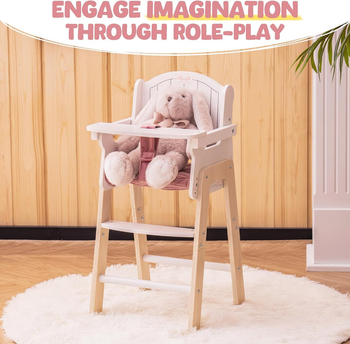 Wooden Baby Doll High Chair, Pink Wooden Baby Doll Chair for 18 Inch Dolls, Pretend Play High Chair Baby Doll Accessories, Small
