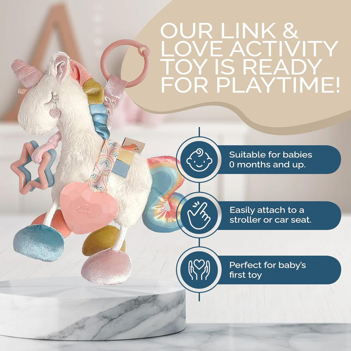 Link & Love Toy for Stroller or Car Seat; Features Textured Ribbons, Crinkle Sounds, Clinking Rings & Silicone Teether; Designed for Ages 0 Months and up (Unicorn)