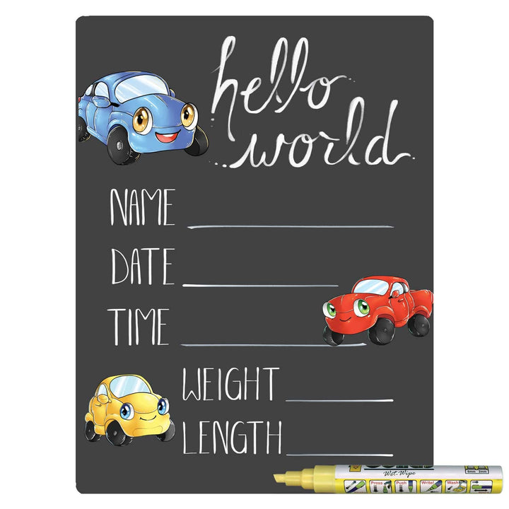 Hello World Newborn Baby Announcement Chalkboard Sign with Automobile Theme, 12 by 16 Inches, No Marker