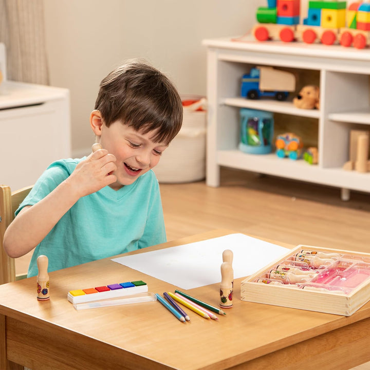 Deluxe Happy Handle Stamp Set with 10 Stamps, 5 Colored Pencils, and 6-Color Washable Ink Pad