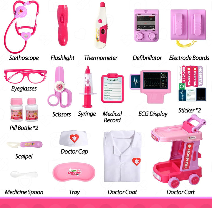 Doctor Kit for Toddlers Aged 2 3 4 5, Pretend Doctor Play Set for Kids with Cart, Costume and Stethoscope, Role Play Medical Toys for Girls Boys(Pink)