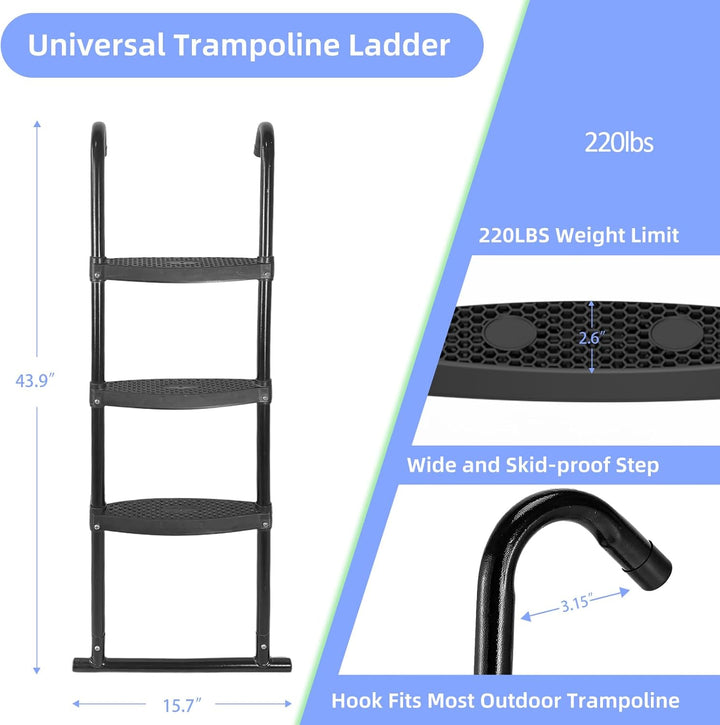 Trampoline Ladder, 3-Steps with Horizontal Wide Steps,Universal Hook,Trampoline Stairs, Trampoline Accessories for Kids,Black